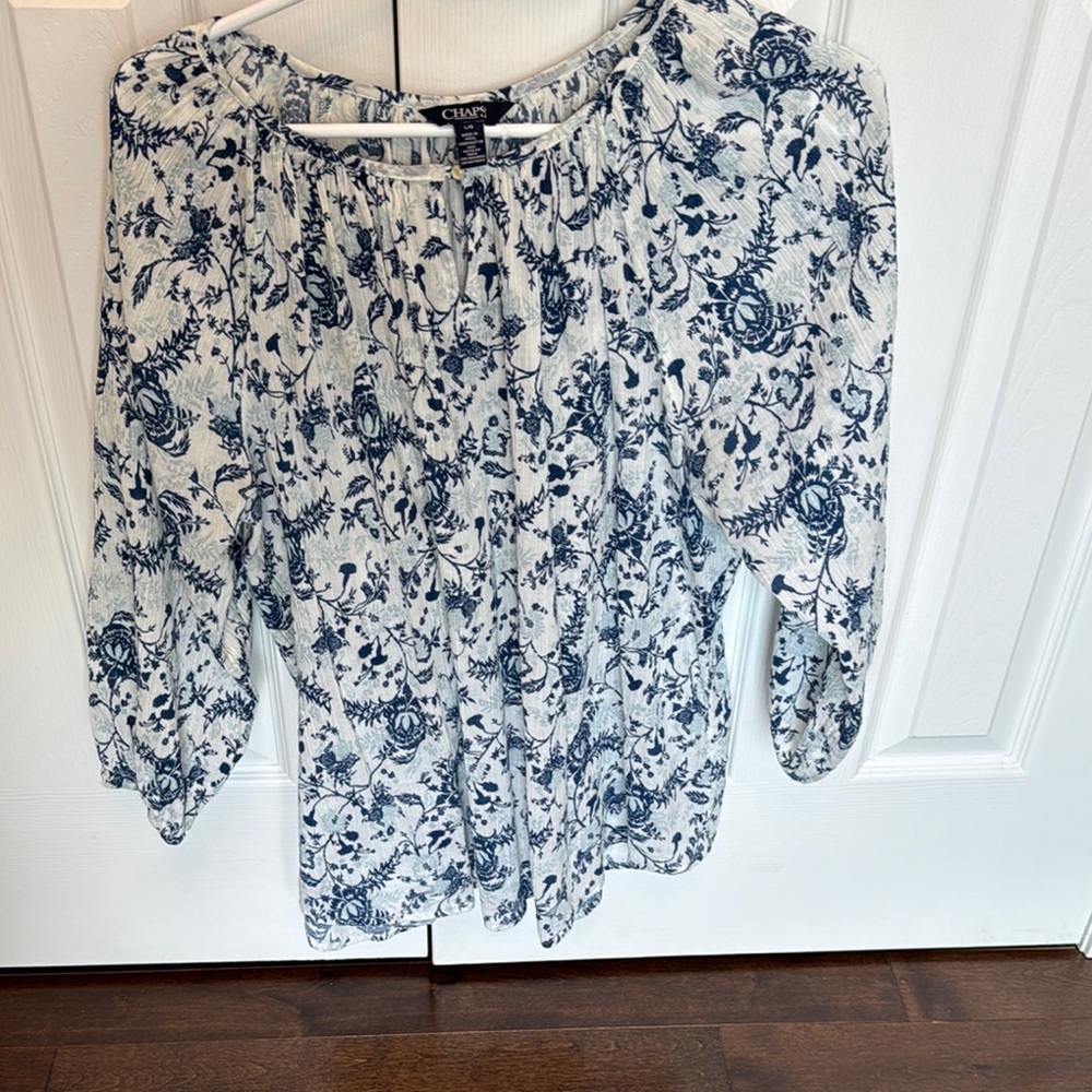 Chaps Women's White & Navy Floral Peasant Blouse